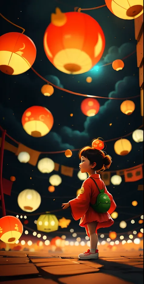 Mid-Autumn Festival scene，large moon，faeries，There are Kong Ming lanterns in the sky，Childrenswear outfit，The picture is simple，cheerfulness，Rejoice，（Bokeh） （8K） （Sharp focus）,（having fun），Mobile game art， mobile game style， Stylized game art， Mobile game ...