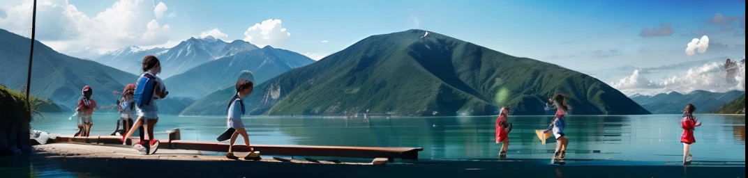 Schoolchildren on the shore，having fun，mountain water，rios，Bright style