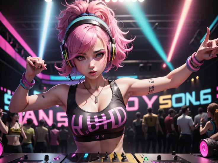 upper body, female dj, colorful clothes , quirky, vibrant appearance, playful accessories, creative behavior, imaginative, sensual, spontaneous, dj headphones, mixing console, music club, night club, indie theaters, people dancing on the dance floor backgr...