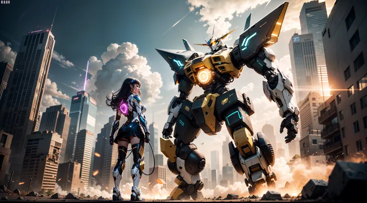 best qualtiy， tmasterpiece， 超高分辨率， （realisticlying：1.5），， RAW photogr， Located on the cloud，Gold-colored mech，Future tech mecha，Mecha 100 meters high，（Monkey Mech 1.5），glowing lines，Glow effects，panoramic photo，depth of fields