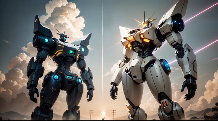 best qualtiy， tmasterpiece， 超高分辨率， （realisticlying：1.5），， RAW photogr， Located on the cloud，Gold-colored mech，Future tech mecha，Mecha 100 meters high，（Monkey Mech 1.5），glowing lines，Glow effects，panoramic photo，depth of fields