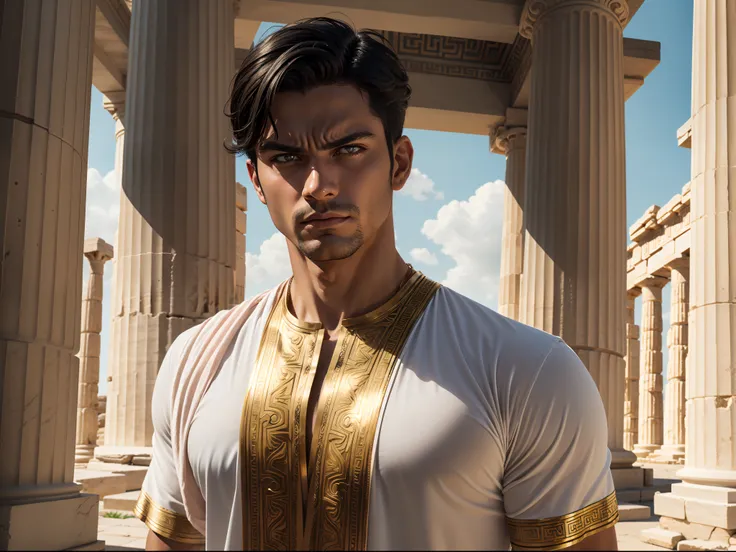 "Menecius."  Not safe for work.  Realistic photo from the waist up.  Man with tanned skin, slim body.  Short black hair.  He wears a ancient Greek tunic decorated with gold elements.  Serious expression on his face.  Frown, despotic attitude.  Background A...