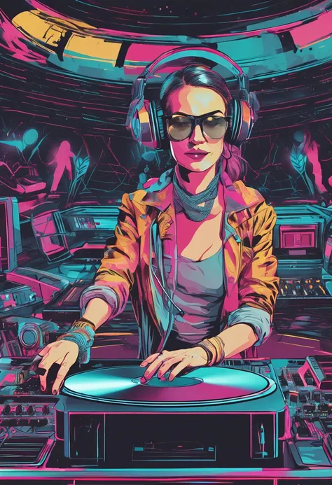 A young female DJ wears a vinyl record player on a sci-fi DJ table，（The upper part of the body：1.5）, In the lively disco，Look at the crowd，Cybernetics enhances the highly detailed futurists on the stage table，She wears futuristic clothing and double-sided ...