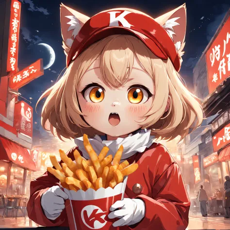 An exquisite CG illustration showcases a cute cat with big eyes enjoying crispy fried chicken and French fries in front of a KFC under the full moon. The cat is wearing a red outfit.