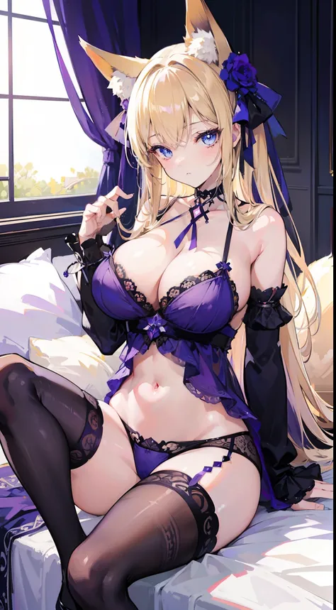 High quality, masterpiece, ultra-detailed, black stockings, purple lingerie, purple panties, choker, headress, 1girl, solo, peaceful expression, long blonde hair, enchanting blue eyes, fox ears, big breasts, bedroom