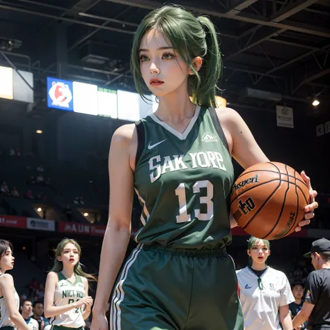 masterpiece,a realistic beautiful girl basketballwear,green hair,Madison square centre