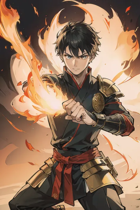 male people，Martial artist，youth，with short black hair，Fist sleeve flame，armor