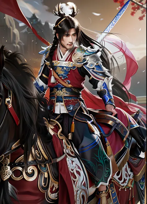 a close up of a person on a horse with a sword, zhao yun，Chinese Warrior, G Liulian art style, author：Qu Leilei, xianxia hero,  Male Warrior,