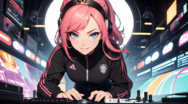 (from below), best quality, portrait, spunky attractive woman. tracksuit, little crown on her head, spinning the turntable as a dj, smirk, perfect slim fit body, vibrant colors, hyperdetailed composition, intricate details