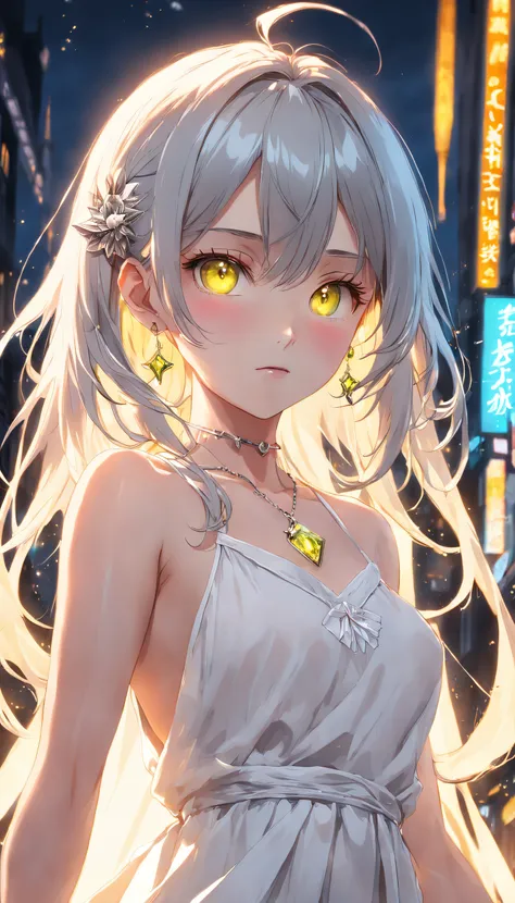 lime yellow, platinum earrings, platinum necklace, white dress, 1girl, cute, (dynamic lighting:1.2), cinematic lighting, delicate facial features, detailed eyes, sharp pupils, realistic pupils, depth of field, bokeh, sharp focus, (hyper-detailed, bloom, gl...