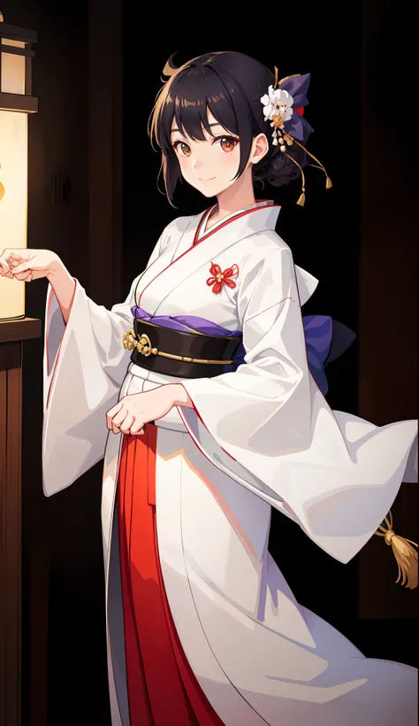 1girl in、A smile、A delightful!　Taisho period in Japan、White color kimono、Hakama、（small tits）