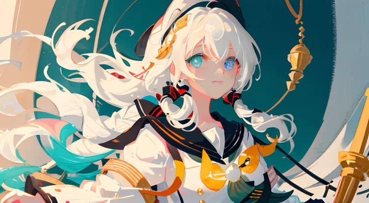 Masterpiece, Best quality, Ultra-detailed, illustration, Close-up, straight on, Face focus, 1girll, White color hair, Cheerful expression, view the viewer, Black sailor suit, nipple tassels，Heterochromic eyes，Big breasts that expose the