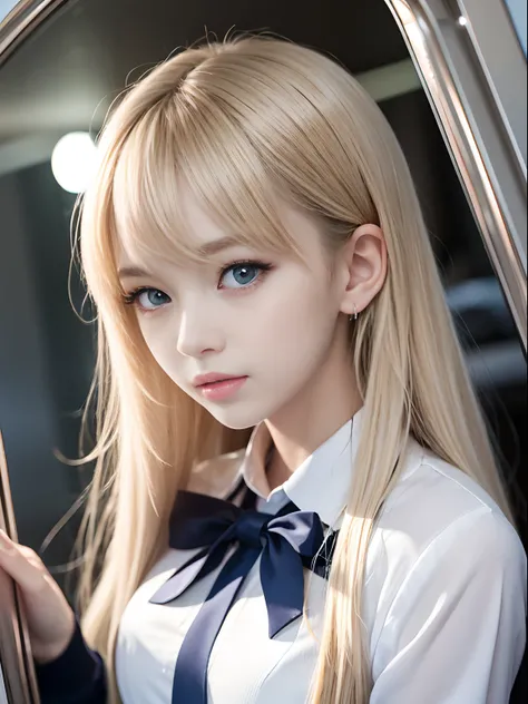 portlate、School Uniforms、bright expression、poneyTail、Young shiny shiny white shiny skin、Best Looks、Blonde reflected light、Platinum blonde hair with dazzling highlights、shiny light hair,、Super long silky straight hair、Beautiful bangs that shine、Glowing crys...