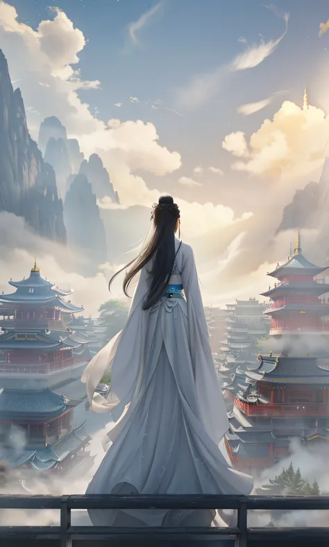 Anime girl in white dress looking at a mountain with a pagoda in the background, elegant cinematic fantasy art, Palace ， A girl in Hanfu, ross tran. scenery background, beautiful concept art, cgsociety and fenghua zhong, Rosla global lighting, Chinese fant...