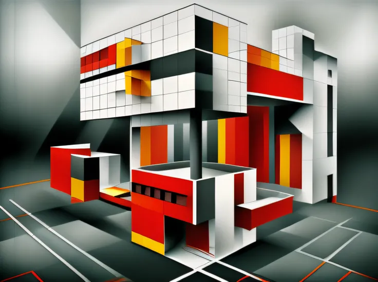 A close-up of a building with many blocks, styled, impossible stijl architecture, author：Christoffel van den Berghe, style of constructivism, style of constructivism, Bauhaus style painting, Deconstructivism, author：Stuart Davis, hundred_Number-to-number f...