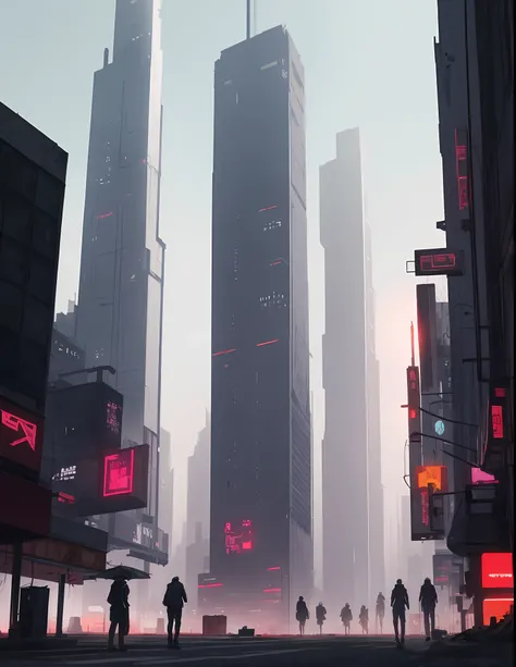 a digital illustration presenting a cyberpunk landscape under smog-filled skies, reminiscent of Sparths style, tall skyscrapers disappearing into haze, subdued palette of grays and purples, characters displaying a mix of determination and weariness, diffus...