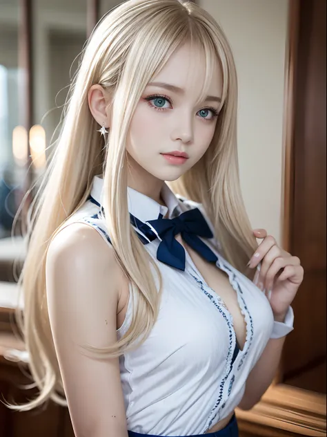 portlate、School Uniforms、bright expression、poneyTail、Young shiny shiny white shiny skin、Best Looks、Blonde reflected light、Platinum blonde hair with dazzling highlights、shiny light hair,、Super long silky straight hair、Beautiful bangs that shine、Glowing crys...