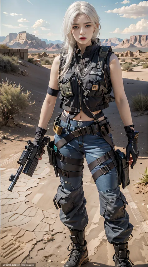 Photorealistic, high resolution, 1womanl, Solo,The background is in the desert, looking to the camera, (Detailed face), White hair, anger expression，SWAT vests, Gun, With black gloves，Fingers are occluded，exposing your navel