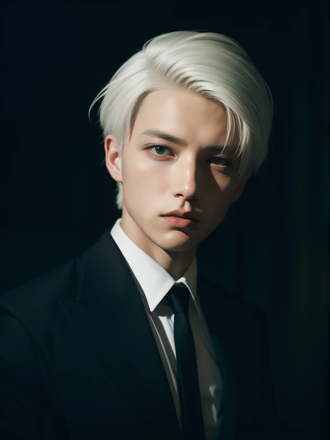 Portrait photo of a young and handsome man , 16yo , white colored hair , Dont wear anything,  Artistic portrait , sexy posing , dark lit , Art , Cinematic elegance, Elegantly formal