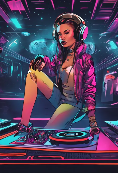 A young female DJ wears a vinyl record player on a sci-fi DJ table，（The upper part of the body：1.5）, In a lively discotheque，Look at the crowd，Cybernetics enhances the highly detailed futurists on the stage table，She wears futuristic clothing and double-si...