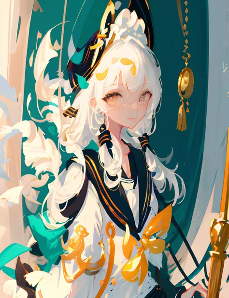 Masterpiece, Best quality, Ultra-detailed, illustration, Close-up, straight on, Face focus, 1girll, White color hair, Cheerful expression, view the viewer, Black sailor suit, nipple tassels，gold eyes，Big breasts that expose the，pornographic