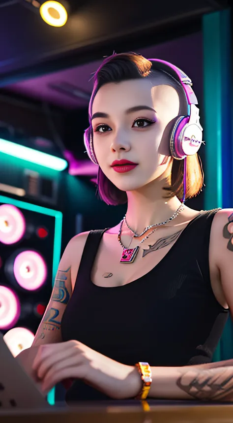 Best quality, Masterpiece, Ultra High resolution, native photo, Professional, photography, color photography, 1 girl, disco bar, girl with headphones, Djing in bar, upper body, female DJ, Looking at the crowd, DJ, DJ machine, DJ machine, Stage lights, (buz...