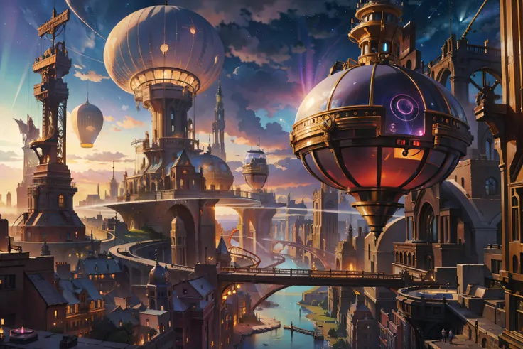 Ultra-wide field of view，（levitating：1.5），（A huge double-ring steampunk city floating in space：1.3），（Illuminate the futuristic steampunk city：1.4），（Thick clouds：1.4），（Estilo de Makoto Shinkai：1.4），Rejoice，Perfect quality，Clear focus（Clutter - home：0.8）， （t...