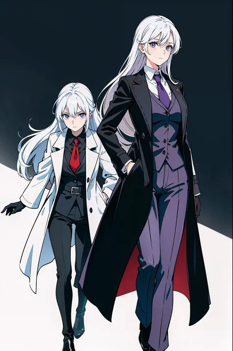 Beutiful women，Has pure white hair，wearing black suits，a black trench coat，Red Tie，boots，Black gloves，Blue-purple eyes。