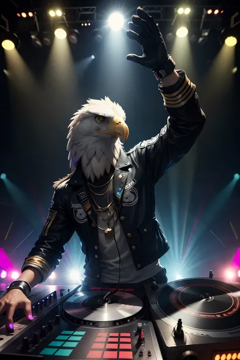 an anthro eagle DJ, on stage with turntables, crowd, Lazer lights, club at night