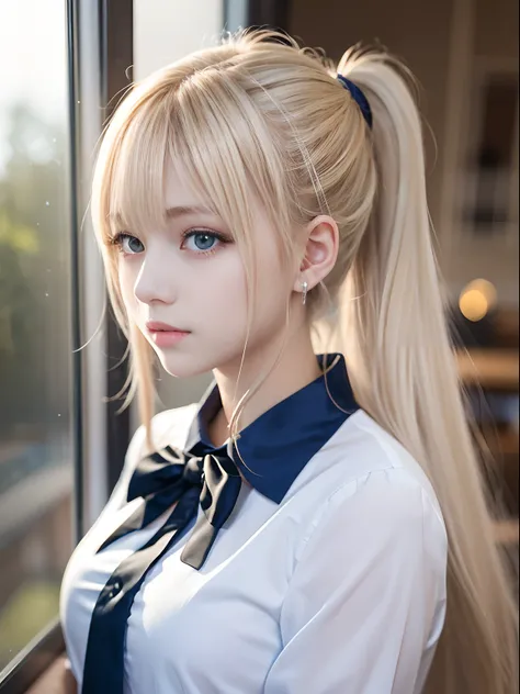 portlate、School Uniforms、bright expression、poneyTail、Young shiny shiny white shiny skin、Best Looks、Blonde reflected light、Platinum blonde hair with dazzling highlights、shiny light hair,、Super long silky straight hair、Beautiful bangs that shine、Glowing crys...