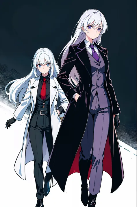 Beutiful women，Has pure white hair，wearing black suits，a black trench coat，Red Tie，boots，Black gloves，Blue-purple eyes。