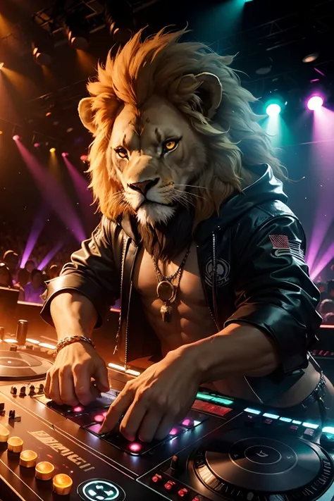 an anthro lion DJ, on stage with turntables, crowd, Lazer lights, club at night