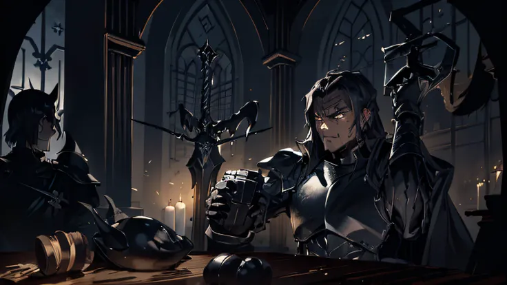 A dark guard dressed in black armor takes off his black helmet，The expression is very serious，Black Greatsword，food，Wooden table，Medieval hostel background，Wooden pillars，waxy candles，Stone walls，