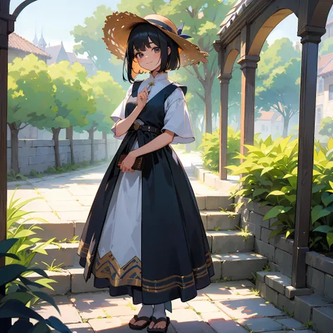 With the best image quality、Teenage girl standing alone outdoors。In high resolution、Beautiful fine details、tranquil atmosphere。Black Hair Bob Hair、Cute smile。Medium chest、Medieval European national costume with short sleeves、Medieval European Streets、Styli...