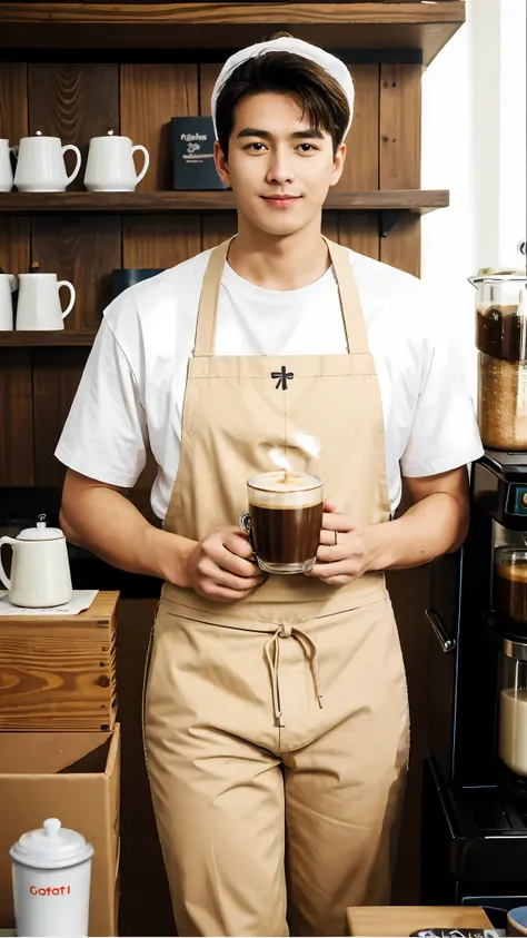 1人，A 20-year-old man in a café，Barista，Coffee is being made，Facial hair，Light brown apron，Brown bandana，Sit Pose，leg apart，whitet-shirt，short white pants，Slender figure，Handsome，full bodyesbian，Exposing thighs，Expose calves，Thick leg hair，Large bulge at th...