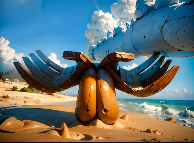 escultura de madera de  (dos manos)+++uno frente al otro con las palmas abiertas hacia arriba , on the sand of a paradisiacal beach, In the background the sea and the horizon with a blue sky with fantasy clouds, obra maestra, realista: 1.3), (Extremadament...