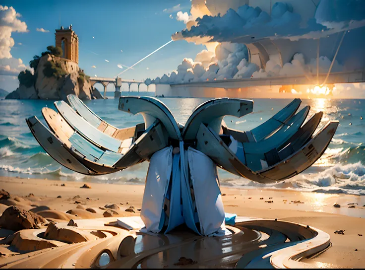 escultura de madera de  (dos manos)+++uno frente al otro con las palmas abiertas hacia arriba , on the sand of a paradisiacal beach, In the background the sea and the horizon with a blue sky with fantasy clouds, obra maestra, realista: 1.3), (Extremadament...