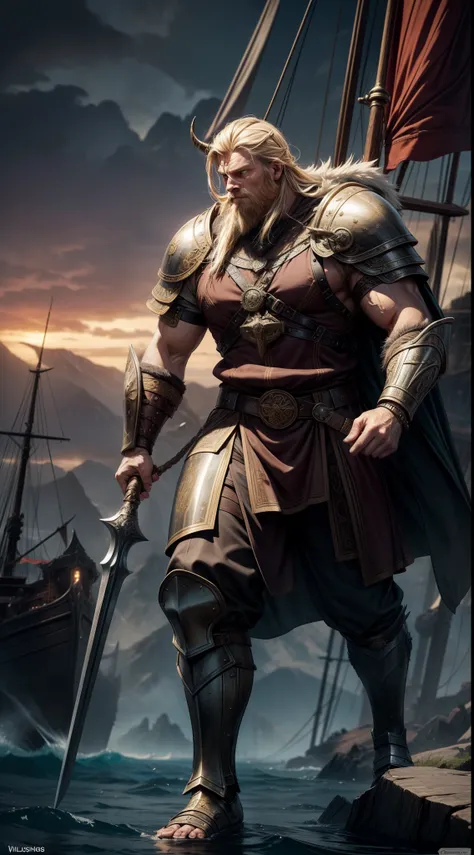 Imagine a dynamic composition portraying a larger-than-life Viking warrior, his heroic stance commanding attention. The warriors golden sword, etched with intricate motifs, is held aloft in a determined grip, catching the eye with its radiant gleam. His ru...