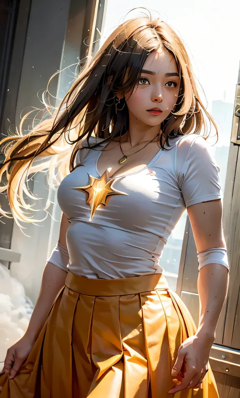 hair glowing，metahuman，levitating，Cloud，The pleated skirt glows，（There is a glowing mark on the chest，There is a glowing mark on the chest，There is a glowing mark on the chest，）