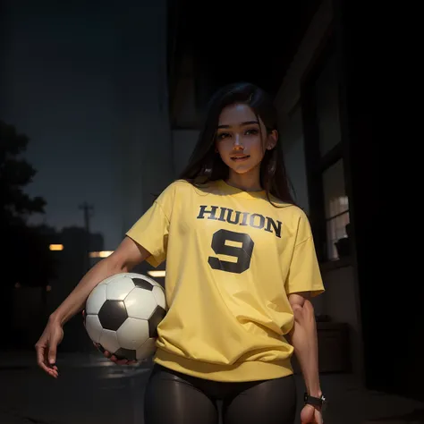 Hijos, masterpiece, highest quality, official art, beautiful and aesthetic: 1.2), very detailed, realism, mature look, football player, sexy, 1 girl only, slim waist, masterpiece, best quality, highly quality ,ultra high res , black leggings, lab gown, bro...