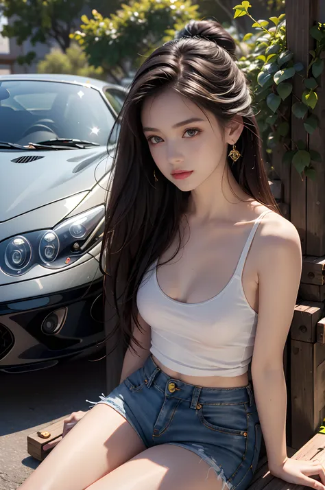 Best quality, masterpiece, super high resolution, (realistic: 1.4), original photo, (evening street), 1 girl, black eyes, looking at the audience, long hair, light makeup, lips, small ears, white t-shirt, denim shorts, earrings, sitting Ferrari, big breast...