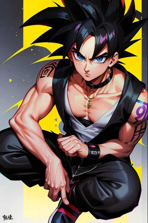 Son Goku in Dragon Ball, Fashion graffiti clothing，Trendy clothing，Tide brand，black black jacket，vests，decorations，espadrilles，Tattooed with，choker necklace，Super Saiyan with golden light，quadratic element，鸟山明风格，1990s ，Cartoony,