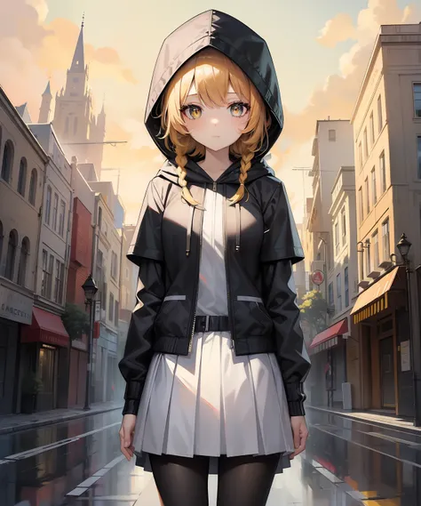 (masterpiece, best quality:1.2), lineart, (abstract:1.2), solo, 1girl, vtkaf, expressionless, braid, yellow pupils, jacket, hood up, hooded capelet, skirt, pantyhose, cityscape scenery