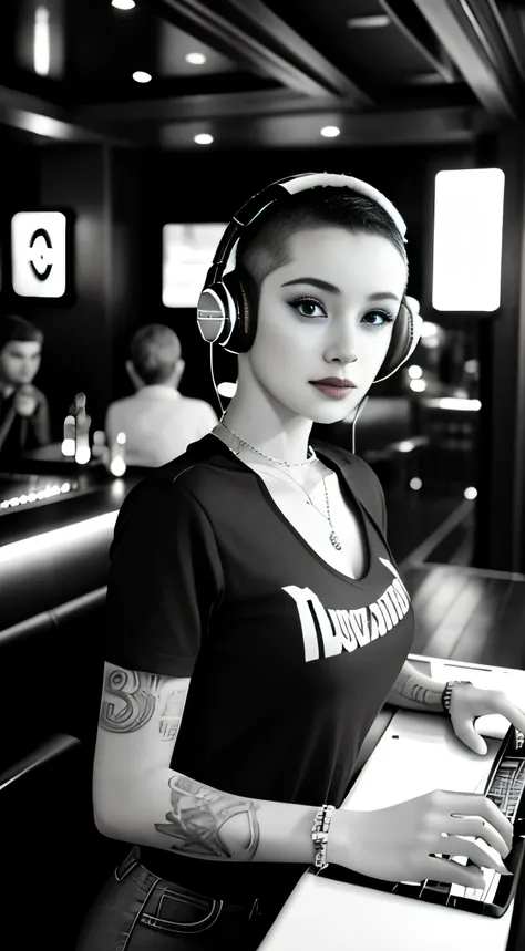 Best quality, Masterpiece, Ultra High resolution, (fidelity :1.4), (B&W:1.3), Professional, photography, color photography, 1 girl, Disco bar, girl with headphones, DJing in bar, upper body, female DJ, Looking at the crowd, DJ, DJ machine, DJ machine, Stag...