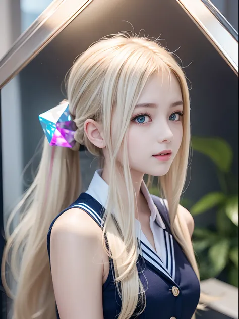 portlate、School Uniforms、bright expression、poneyTail、Young shiny shiny white shiny skin、Best Looks、Blonde reflected light、Platinum blonde hair with dazzling highlights、shiny light hair,、Super long silky straight hair、Beautiful bangs that shine、Glowing crys...