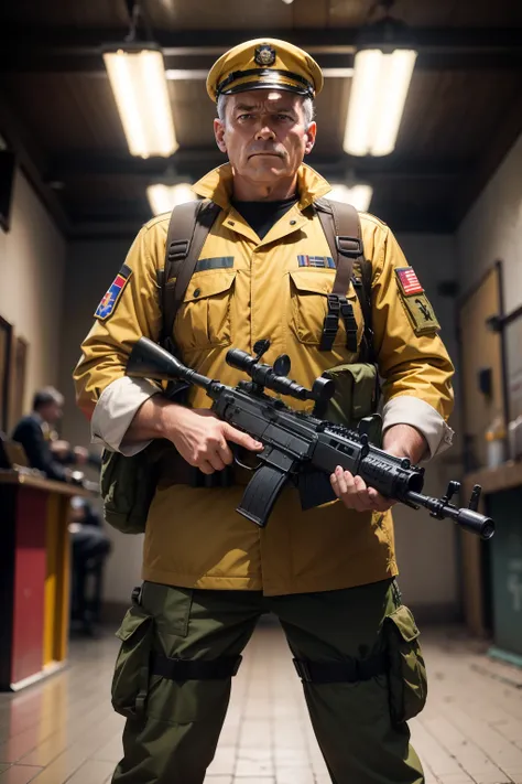 Photography level，middle aged man，Armed with a Czech light machine gun，stand posture，Yellow combat uniform，Heads-up 45°