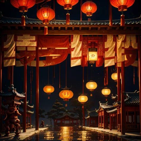 Silk is wrapped around the beams，red colour，Lanterns，totem，Chinese architectural motifs，tmasterpiece，Best quality，ultra - detailed。