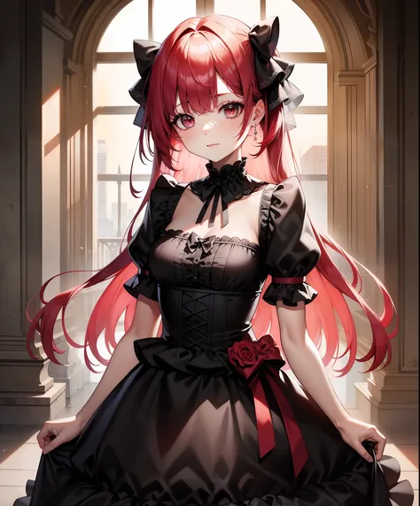 (masterpiece, best quality), 1girl, red hair, medium chest, gothic frill dress, pervert face,