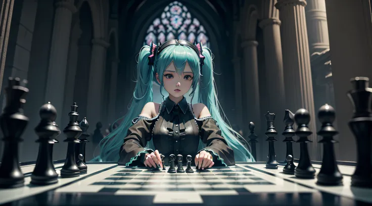 hatsune miku plays chess with grim reaper, dark fantasy, gothic atmosphere, gloomy, grim reaper, chess tournament, dark cathedral background, realistic, detailed,  hatsune miku versus grim reaper, 2 opponents