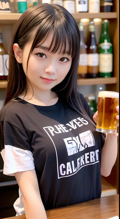 a very pretty girl,Young Face, huge smile, 10 yo,Brown hair, Oversized T-shirt,
a bar counter,Holding a beer mug,Holding beer with both hands,
独奏,1girl in,nsfw
BREAK
(masutepiece, Best Quality,Ultra-detailed)